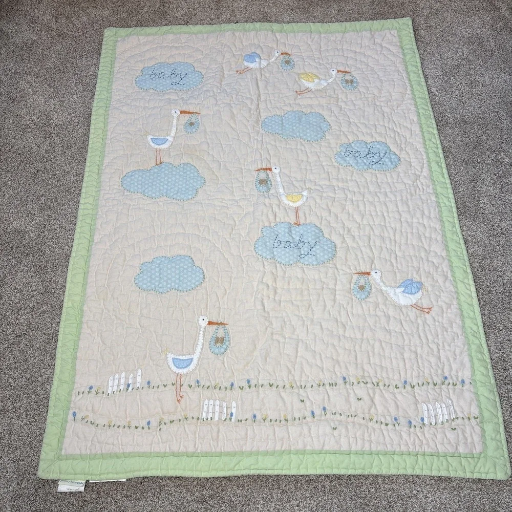Pottery Barn Kids Stork Quilt Unisex Baby Nursery Shabby Chic Cottage Whimsical